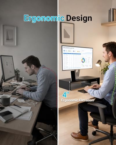 1home Ergonomic Monitor Stand Riser, 21.3 Inch Wood Desktop Stand with Cellphone Holder and Cable Management, Black - Image 5