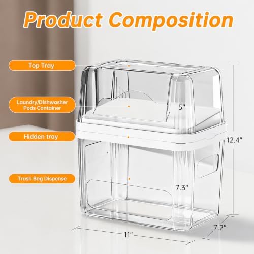 2-in-1 Trash Bag Holder Laundry & Dishwasher Pods Container,Garbage Bag Dispenser with Removable Lids,Kitchen Organizer and Under Sink Storage Box - Image 2