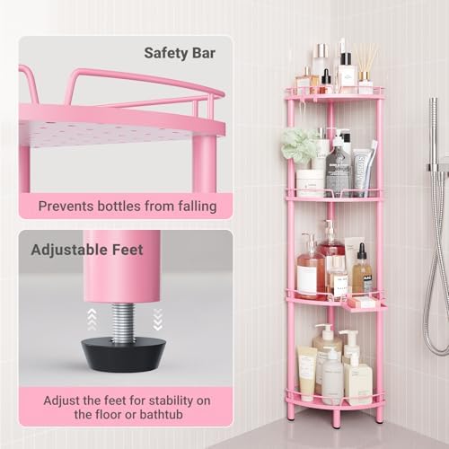 ELYKEN Corner Shower Caddy Standing, 4 Tier Metal Shower Organizer, Pink - Image 5