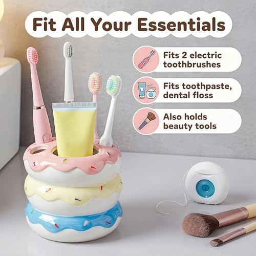 Donut Ceramic Toothbrush Holder, 5-Slot Toothbrush and Toothpaste Holder Cute Toothbrush Holder Set, Bathroom Storage Rack Suitable for Electric Toothbrushes, Toothpaste, Dental Floss (Color Mixing) - Image 5