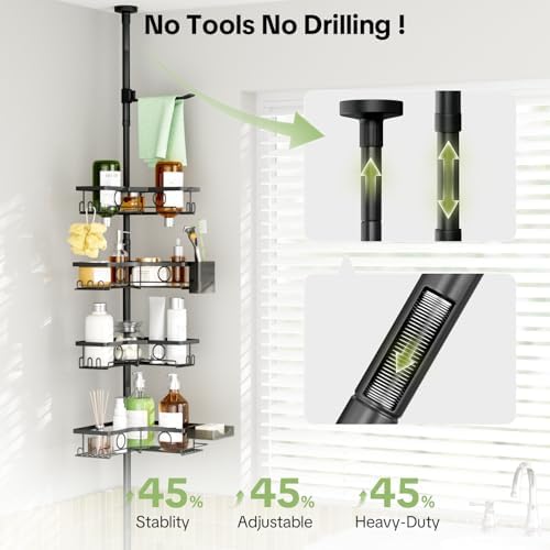Corner Shower Caddy Tension Pole, 4 Tier Rustproof Shower Tension Rod Organizer with Soap Holder & Hooks, Adjustable 30-121 Inch Bathroom Shelf for Renters - Family Stand Storage Rack, Black - Image 4