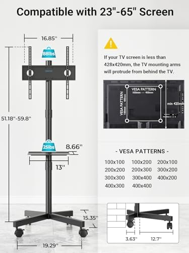 BONTEC Rolling TV Stand for 23-65 Inch TVs,Mobile TV Cart with Wheels,Black - Image 2