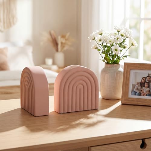 Soft Coral 2 Pcs Boho Arch Concrete Bookends for Shelves, Rainbow - Image 6