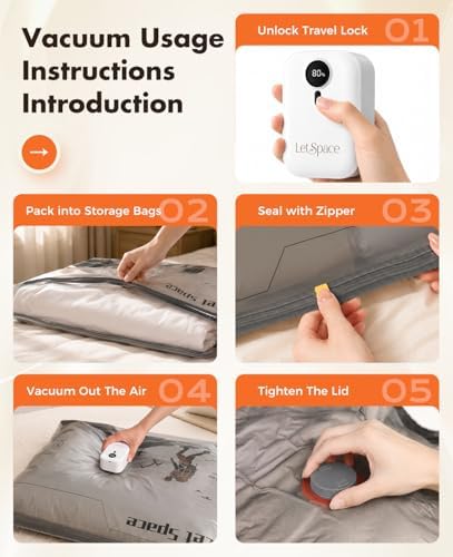Vacuum Storage Bags with Electric Pump,Covers -60kPa Vacuum Seal Bags for Clothing Devices,Travel Bags with Portable Cordless Pump Included,Compatible with Bags 15 Combo Set - Image 6