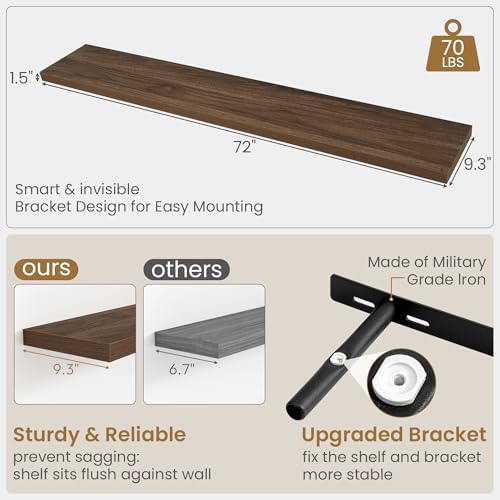 Fun Memories 72 Inch Long Floating Shelves for Wall, 72x9.3 Large Floating Shelf for Bedroom, Kitchen, Bathroom, Wall Mounted Rustic Wood Shelves with Invisible Bracket for Books, Decor, Walnut - Image 3