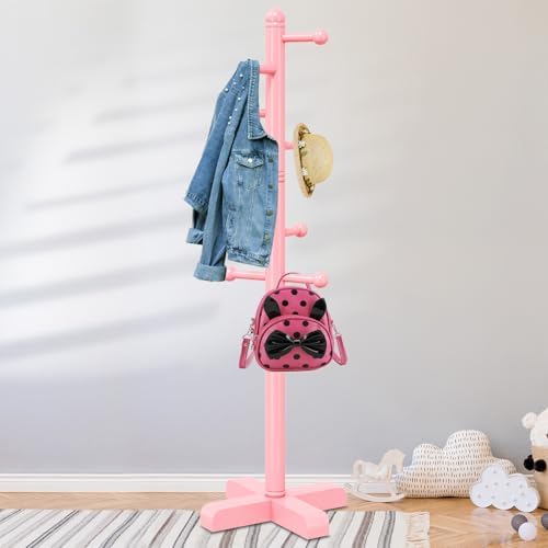 8-Hook Freestanding Wooden Coat Rack 2 Adjustable Heights Pink - Image 2