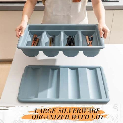 Maxdot 3 Pcs 20.5 x 11.9 x 3.7 Inch Silverware Organizer with Lid, Commercial 4-compartment Restaurant Kitchen Cutlery Tray, Plastic Silverware Storage Container, Condiments Holder (Grayish Blue) - Image 5