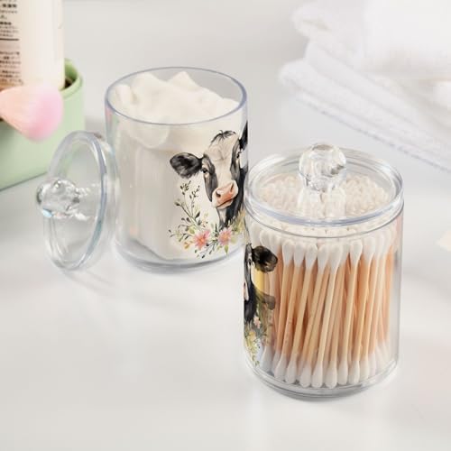 Fustylead 4 Pack Watercolor Hand Draw Cow and Flower Qtip Holder Dispensers for Cotton Swab, Ball, Round Pads, Floss, Plastic Apothecary Jar Set for Bathroom Canister Storage - Image 4