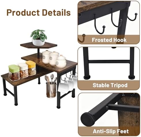 Kitchen Countertop Organizer, 3 Tier Moveable Corner Shelf Kitchen Shelf with Hook, Countertop Organizer for Bathroom, Spice Rack, Bookshelf, Coffee Area, Dresser Table (Brown) - Image 3