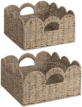StorageWorks Scalloped Wicker Basket, Hand-woven Rattan Baskets with Built-in Handles, Seagrass Basket for Organizing and Decor, 2 Pack by StorageWorks