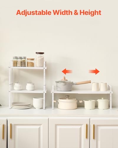 VEVOR Adjustable Kitchen Cabinet Shelf Organizer, Expandable 2 Tier Cabinet Shelf, Stackable Countertop Organizers and Storage Risers, Pantry for Kitchen Bathroom Office, White - Image 3