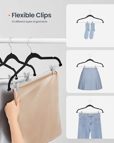 SONGMICS HOME Velvet Pants Hangers with Adjustable Clips, Non-Slip Space-Saving Clothes Hangers, 20 Pack, Shoulder Notches for Skirts, Black - Image 3