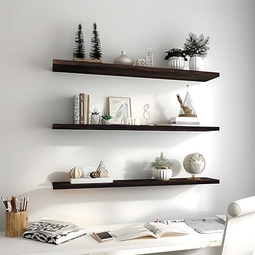 YYWUOJJ Wood Floating Shelves for Wall Decor, Rustic Wall Shelves for Bedroom Bathroom Kitchen Living Room, Set of 4 Walnut 36 Inch - Image 6