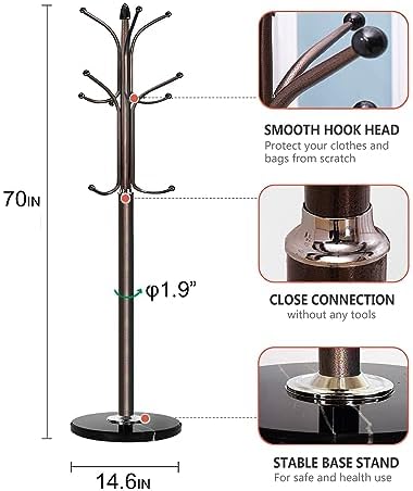 Kertnic Freestanding Coat Rack Stand, Heavy Duty Metal Hall Tree with 12 Hooks, 70 Inch Tall Stable Coat Hanger with 14.6" Natural Marble Base, Entryway Organizer for Coats Bags Hats Purses (Bronze) - Image 6