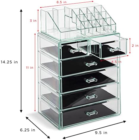 Sorbus Makeup Organizer, 6-Drawer Acrylic 2-Piece Set (Teal Thrill) - Image 3