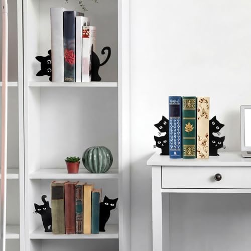 Flutesan 6 Pcs Black Cat Metal Bookends Peeping Cat Book Ends for Shelves - Image 2
