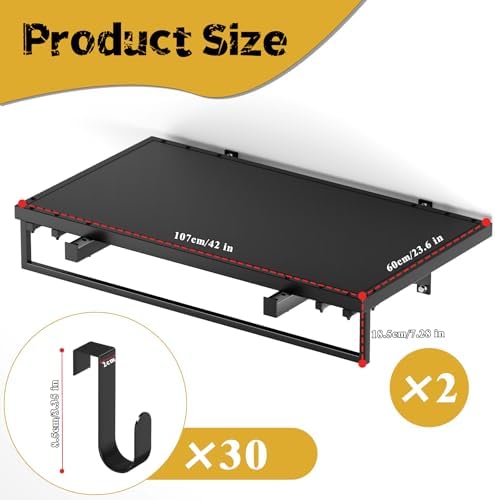 2pcs Garage Wall Shelving - 3.5 * 2FT Extra Large Heavy Duty Floating Metal Shelves with 30 Hooks,Load Capacity 1102 Lbs, Hanging Garage Storage Tool Hanger Organizer Utility Rack,For Home,Workshop - Image 2