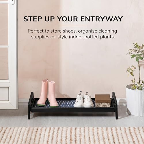 Anji Mountain Heavy Duty Waterproof Wooden Shoe Storage Mat Organizer/Boot Storage Tray Multi Use for Entryway with Coir, Blue and Ivory Insert, 1 Tier, Fits 3 Pair (36.5" Wide) - Image 2