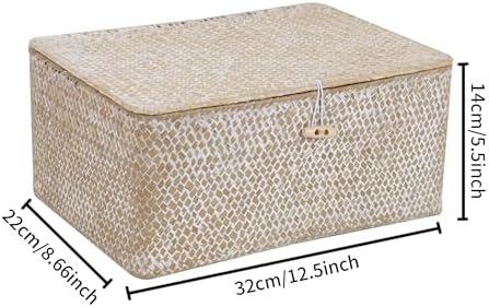 FEIALNDUO Wicker Shelf Baskets with Lid,Seagrass Storage Basket Bins Rectangular Handwoven Basket Boxes for Shelves Desktop Home Organizer (Whitewash, Large) - Image 5