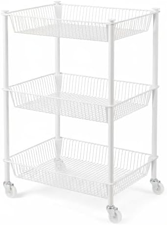 Kitchen Storage Cart for Fruit Vegetable 3 Tier Utility Cart with Wheels, White Rolling Pantry Floor Organizer Onion Potato Storage, Metal Wire Basket Stand Snack Shelf Home Organization by Ufriandz