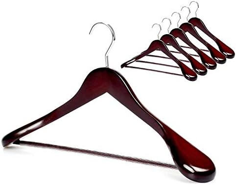 TOPIA HANGER Set of 6 Luxury Mahogany Wooden Coat Hangers, Premium Wood Suit Hangers, Glossy Finish with Extra-Wide Shoulder, Thicker Chrome Hooks & Anti-Slip Bar CT02M by TOPIAHANGER