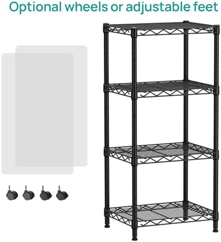 SINGAYE 4 Small Shelves Storage Shelf Wire Shelving Unit Metal Shelf Adjustable Organizers Storage Shelving with Wheels for Bathroom Laundry Room Kitchen Pantry11.5”D x 17.3”W x 44.5”H Black - Image 4