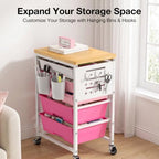 ALVOROG Rolling Storage Cart with 5 Drawers,Pegboards,Wooden Top,Bins,Pink - Image 2