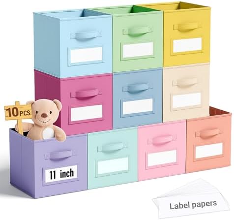 Teenyyou 10 Pack Fabric Storage Cubes 11 Inch Collapsible Cube Bins with Label Window & Handle Foldable Organizers Baskets for Shelf Closet Nursery Kids Room Clothes Book Toy(Macaroon) by Teenyyou