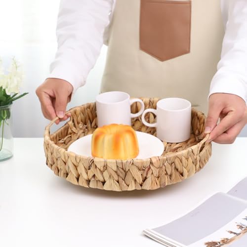 YRMT Water Hyacinth Serving Tray Round Woven Tray with Handles Boho Decorative Tray for Breakfast, Coffee, Table, Dining 13" x 13" x 2.3" - Image 3