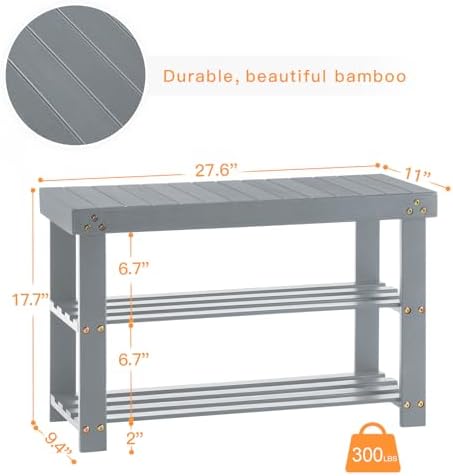 Apicizon Bamboo Shoe Rack Bench, 3-Tier Entryway Organizer, Gray - Image 3