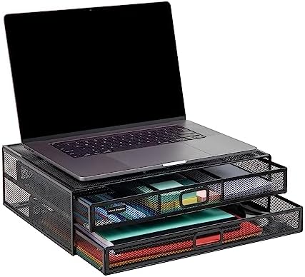 Mind Reader Monitor Stand, Ventilated Laptop Riser, Storage Drawer, Office, Metal Mesh, Black - Image 5