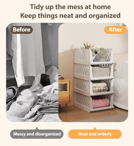UDEAR 4 Pack Stackable Closet Storage Baskets, Foldable,White - Image 2