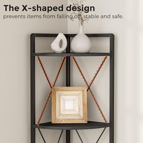 5 Tier Corner Shelf Stand, 64" H Tall Corner Bookshelf, Black - Image 5