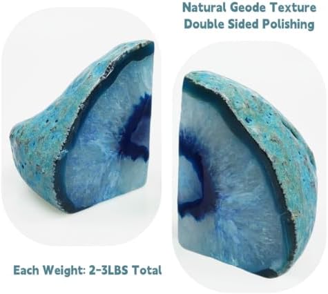 Natural Agate Bookends Pair - Vibrant Dyed Blue Geode Design, 2-3 lbs Heavy Duty Non-Slip Crystal Bookends for Shelves | Home Office Decor - Image 2