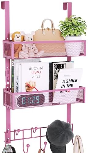 Consumest Over The Door Hooks Organizer - 3 Tier Door Hanger with 9 Coat Hooks & 2 Mesh Basket, Back Storage Organizer Hanging Towels for Bathroom, Bedroom, Pink by Consumest