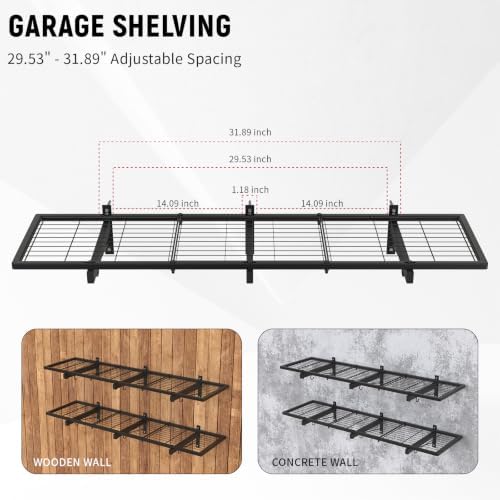 2 Pack Garage Wall Shelves, 46"X 12.5" Garage Shelving Wall Mounted, Heavy Duty Shelf Organizer with 8 Hooks, Black Floating Storage Metal Rack 320 LBS Capacity for Laundry Room, Office, Basement - Image 5