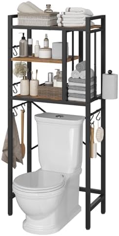 YATINEY Over The Toilet Storage Rack, 3-Tier Bathroom Organizer Shelf, Above Toilet Storage with Paper Holder 8 Hooks, Over The Toilet Storage Cabinet for Bathroom, Rustic Brown and Black TR06BR by Yatiney