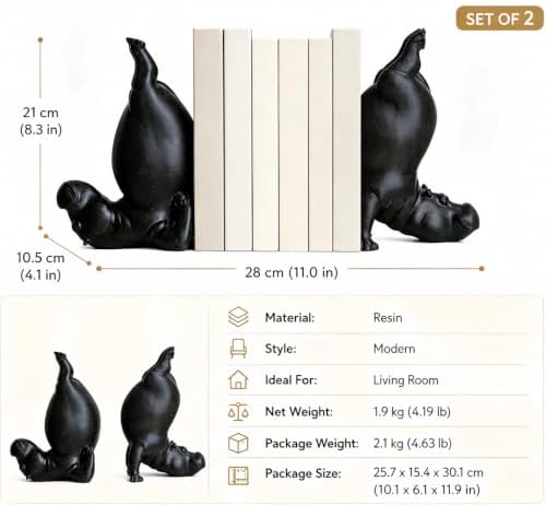 Black Resin Hippo Bookends Set of 2 – Heavy Duty Decorative Book Ends for Shelves, Unique Animal Book Stopper for Heavy Books, Hippo Decor for Home Office Bookshelf, Book Lover Gift - Image 6