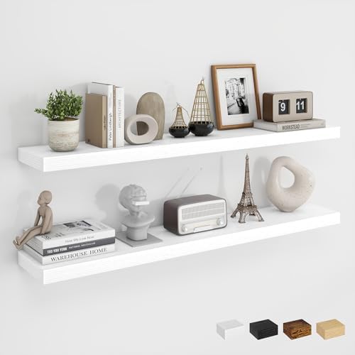 Dreamland 40Inch Floating Shelves for Wall, Rustic Wooden White Floating Shelves for Living Room, Kitchen, Farmhouse, Deep Wall Mounted Book Shelf, Wood Storage Display Shelf for Home Decor, Set of 2 by Dreamland