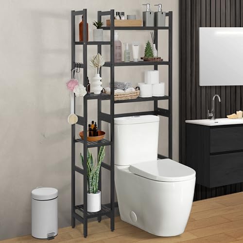 CAPHAUS Over -The -Toilet Storage Shelf,7-Tier Bamboo Bathroom Organizer Shelf Rack Over Toilet with Adjustable Feet & Hooks, Freestanding Toilet Shelf for Bathroom Laundry Balcony Plant Stand,Black by CAPHAUS