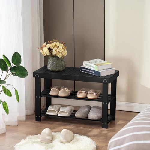 Apicizon Bamboo Shoe Rack Bench, 3-Tier Entryway Organizer, Black - Image 6