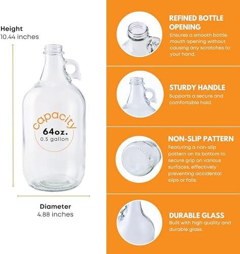 Fastrack 6-Pack Half-Gallon Glass Jug Set (64 oz) w/12 Polyseal Caps & Black Jar Gripper Pad – Multipurpose Half Gallon Jug, & Detergent Dispenser for Laundry, Glass Jar for Liquids, Water & Juice - Image 3