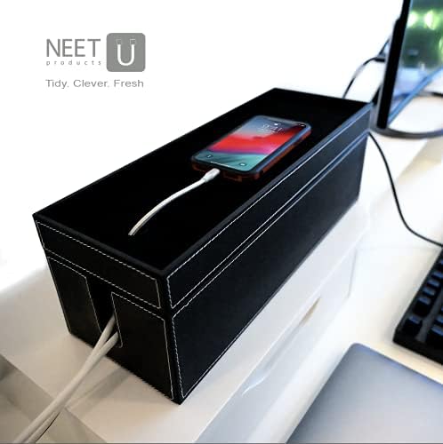 NEET Cable Management Box Large, Computer Cord Organizer, Hide and Conceal, Power Cable Organizer, Computers and Desks, Black Stitched Leather - Image 5
