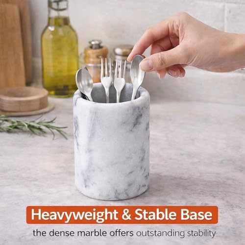 Creative Home White Marble Pen Holder, Heavy Stone Pencil Cup Organizer for Desk - Image 6
