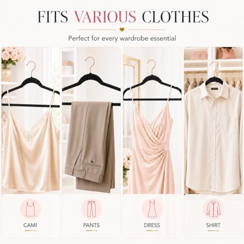 Smartor Black Velvet Hangers 50 Pack, Non Slip Rose Gold Hook Felt Hangers - Image 4