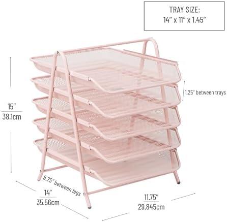 Mind Reader 5-Tier Paper Tray Organizer, Vertical Desktop File Storage Rack, Office, Metal Mesh, Pink (Pack of 6) - Image 3