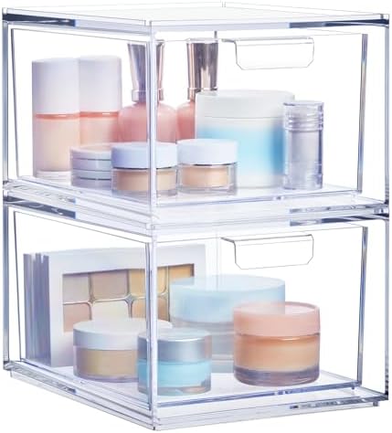 STORi Audrey Stackable Clear Bin Plastic Organizer Drawers | 2 Piece Set | Organize Cosmetics and Beauty Supplies on a Vanity | Made in USA by STORi