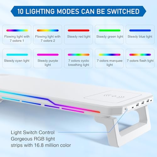 Monitor Stand Riser with USB 3.0 Hub & Type-C Port, 15W Fast Wireless Charging & RGB Lighting, Desk Organizer for Home Office PC iMac 27 Inch (White) - Image 4