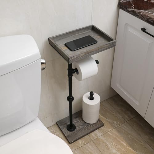 MyGift Freestanding Toilet Paper Holder Stand with Rustic Wood Shelf - Image 3