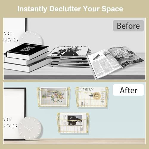 TQVAI Hanging Wall File Organizer 3 Pack, Gold Metal Wall Mounted File Holder, No Assembly Required, Curved Pocket Paper Document Rack for Office Home School Magazine Mail Storage - Image 5